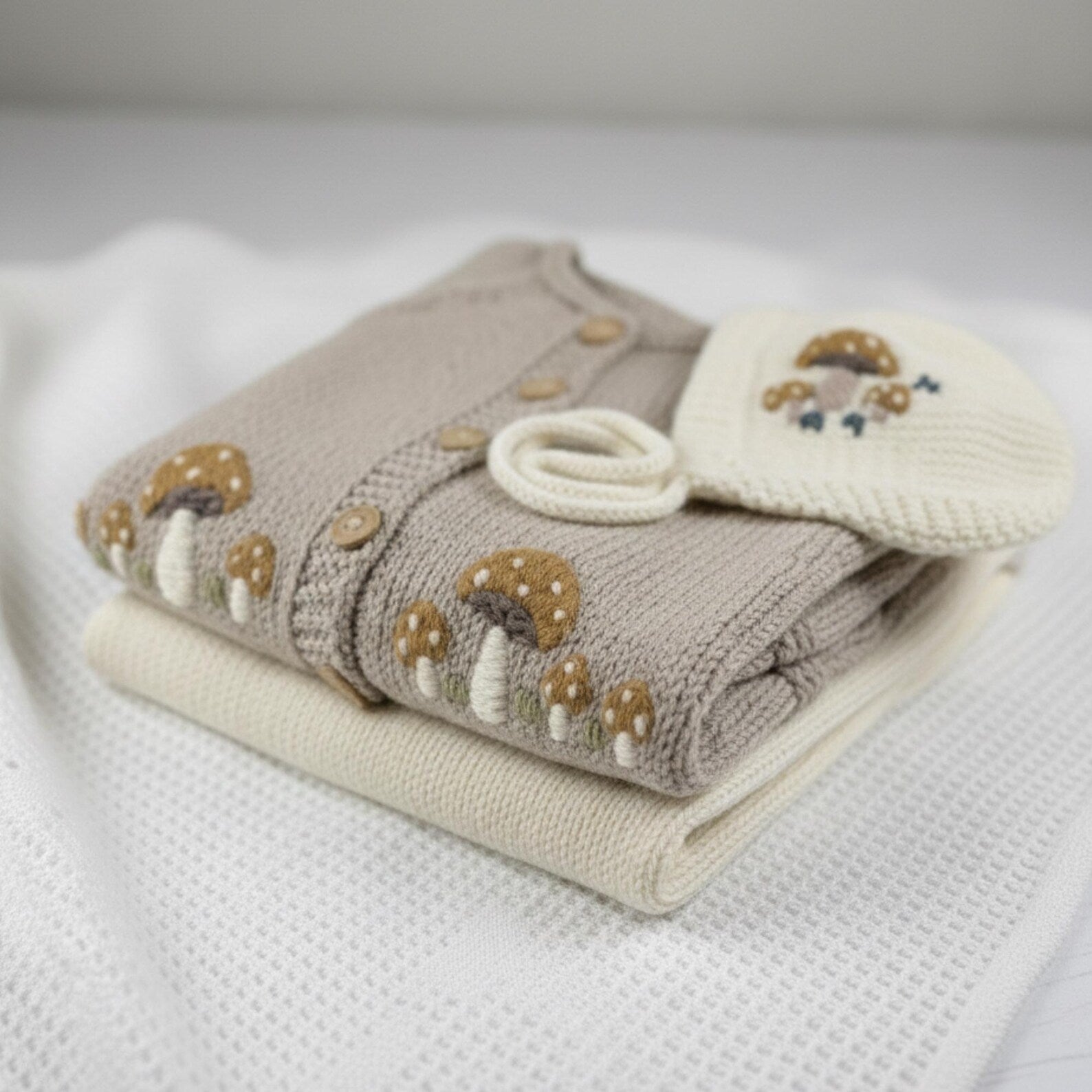 Handmade Crochet Baby Mushroom Outfit Set | Hat, Shirt & Pants | Velanest