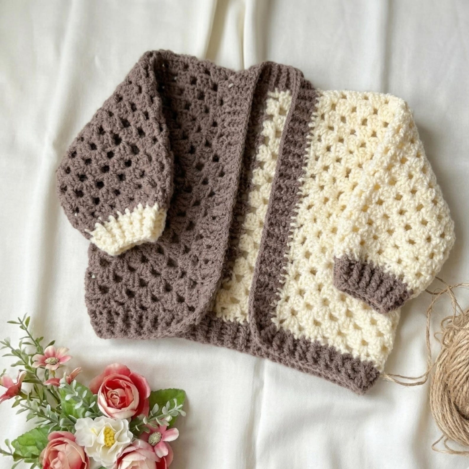 Handmade Crochet Baby Cardigan & Pants Set | Cozy Neutral Newborn Outfit | Velanest