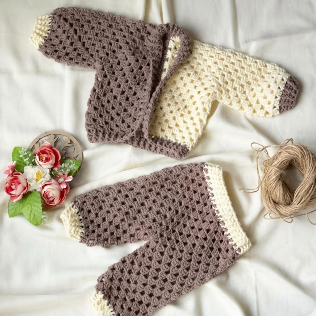 Handmade Crochet Baby Cardigan & Pants Set | Cozy Neutral Newborn Outfit | Velanest